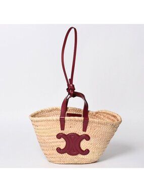 Celine Hand Bag Handbag Basket Bag Beige Wine Red Leather